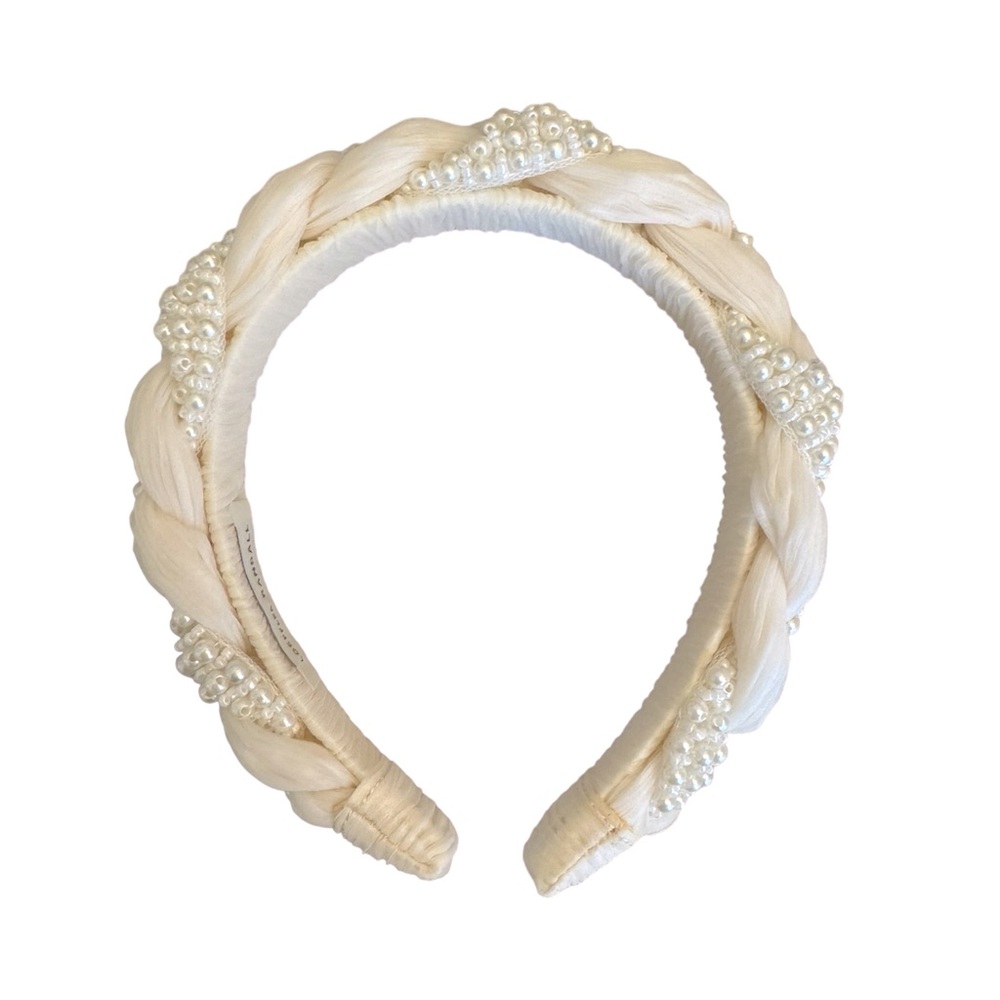 Loeffler Randall Leon Ivory/White Braided Headband with Pearl Beading
